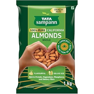 Tata Sampann Pure California Almonds Whole, 1kg, Real Nuts, High In Fiber, Badam Giri, Rich In Protein, Magnesium, Phosphorus And Dietary Fibre, Nuts 
