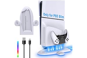 Soporte con ventilador para PS5 Slim Console, FASTSNAIL 9-RGB LED Controller estación de carga para DualSense/Edge, soporte soporte accesorio compatible con Playstation5 Slim Digital/Disc Edition