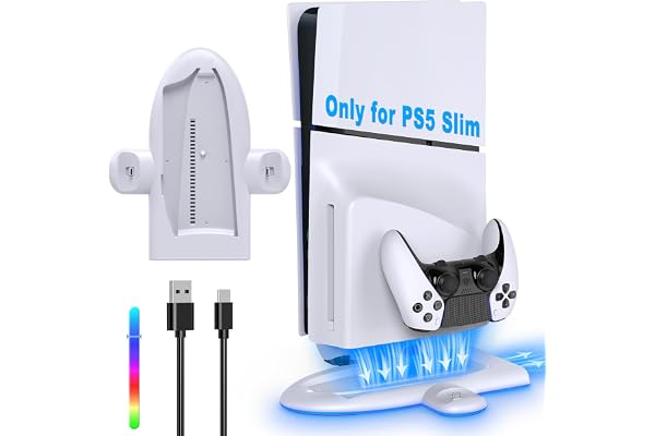 FASTSNAIL Charging Stand with Cooling Fan Only for PS5 Slim Console, Dual Controller Charger Station with 9 RGB Light for DualSense/Edge, Quiet Cooling System Accessories for PS5 Slim Digital/Disc