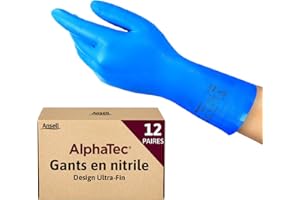 Ansell AlphaTec 37-310, Gants en nitrile multi-usages, Gants de travail réutilisables, Gants de protection sans latex avec protection chimique, Cuisine et de nettoyage, Gants nitrile L bleu, 12 paires