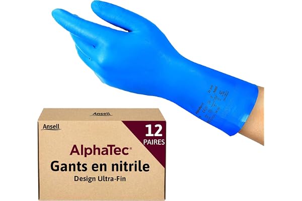 Ansell AlphaTec 37-310, Gants en nitrile multi-usages, Gants de travail réutilisables, Gants de protection sans latex avec protection chimique, Cuisine et de nettoyage, Gants nitrile L bleu, 12 paires