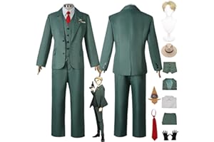 Tjmiaohao Anime Spy Family Loid Forger Cosplay Costume Outfit Green Top Shirt Pants Wig Hat Full Set Halloween Carnival Party Uniform Dress Up Suit for Men Boys