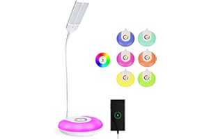 ONEGlobal MASLED Lampada da tavolo ricaricabile a collo di cigno con luce notturna RGB,Testa luminosa regolabile, ricarica del telefono USB,Luce bianca fredda e cavo lungo 1.5 m