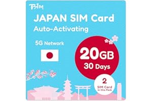 TSIM Japońska karta SIM 30 dni 20 GB - 2 sztuki | Automatyczna aktywacja | Sieć 5G z tethering/HotSpot/udostępnianie Internetu | Tylko dane bez głosu