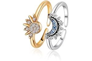 ARHZ Set di 2 Anelli Sole e Luna in Argento 925 - Anello Cuore Regolabile per Donna - Gioielli BFF - Regalo per Migliore Amica