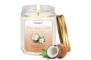 HANOLLY Candele Profumate Cocco & Vaniglia, Candela di Soia Naturali Aromaterapia Rilassante, Candela Profumata Lunga Durata per Yoga e Bagno, Regalo Donna Compleanno Perfetto, Fino a 50 Ore, 255g