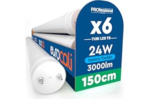 Eurocali 6 Tubes LED T8 24W 150cm G13 SMD avec Starter 3000 Lumen Garantie 3 Ans Lumière Froide 6500K Haute Luminosité 125 lmW Matériau Nano Plastic Remplacement Néon pour Plafond Garage Magasin
