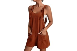 Blingko Combinaison Femme Salopette avec Poches Pantalon éTé DéContracté Coton Lin Combinaison Cravate Noeud Bretelles Salopette Mignon à Lacets Une éPaule Lin Short Chic Combinaison Short