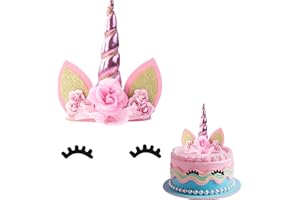 Gleevio Einhorn Deko Torte, Kuchendeko Einhorn Geburtstag Deko, Cake Topper Unicorn Kindergeburtstag, Rosa Tortendeko Mädchen, Unicorn Kuchen Topper Niedlich Horn Ohren Wimpern für Kinder