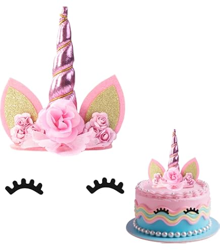 Einhorn Kuchen Topper Mit Wimpern – Gold/Regenbogen, Für Geburtstag, Baby Shower & Partys