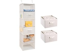 BrilliantJo Hanging Wardrobe Organiser 6 Shelves with 2 Removable Drawers Closet Storage, hanging Shelves Unit with 4 Pockets for Clothes - Beige(12x 12 x 43.3 inch)
