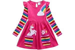 SFREEBO Little Girls Dresses Rainbow Long Sleeve/Sleeveless Dress Girls Cotton Pocket T-Shirt Dress Kids Winter/Summer Stripe Dress with Unicorn Flowers Print 3-8 Years