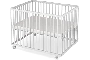 Sämann® Laufgitter 75x100 cm mit Matratze und Schlupfsprossen, stufenlos höhenverstellbar, Baby Laufstall, Buche, gummierte Rollen, Buche weiß lackiert