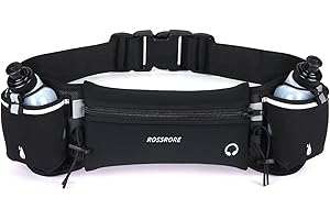 ROSSRORE Unisex Running Hydration Belt with 2x6oz Water Bottles - No Bounce Design, Waterproof Waist Pack for Phone, Reflective Gear for Runners, Cyclists, Hiking (Black)