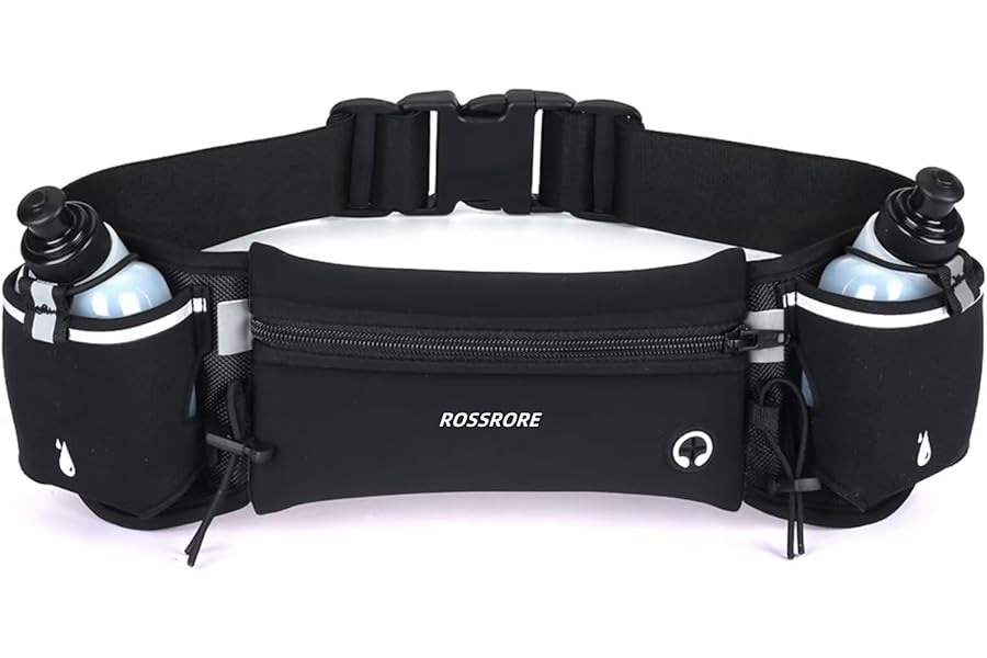 ROSSRORE Unisex Running Hydration Belt with 2x6oz Water Bottles - Running Gear, Waterproof Waist Pack for Phone, Running Bag with Water Bottle Holder for Cyclists, Hiking (Black)