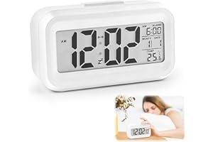VFANDV Despertador Digital, LCD Reloj Despertador Digital con Termómetro Función Snooze Reloj Inteligente de Cabecera a Pilas Reloj de Mesa de Viaje para Sala de Oficinas Familiares, Blanco