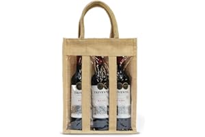 Discount Fabrics LTD Hessian Window Wine Bag: Jute Bottle Bag with Drawstrings, Gift Bag for Wine - Ideal Wine Carrier Bag for Birthdays, Weddings, Parties, Christmas (3 Window, 1 Pack)