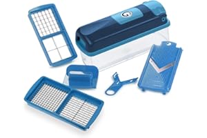 Genius Nicer Dicer Smart Coupe-légumes 6 pièces Mandoline Cuisine Trancheuse pour râper en dés, salade, fruits hachoir manuel, récipient de 800 ml, bleu