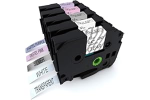 Aken - Cinta de Etiquetas compatible para usar en lugar de Brother P-touch TZe231 Tze-231 12mm Negro sobre Púrpural Rosa Blanco Transparente Plateado, para PT 1000 1005 1010 1230 PT-D210