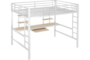Azkoeesy Cama Alta de 140 x 200 cm con Escritorio, 4 estantes para Libros, Bandeja para Teclado y 2 escaleras Laterales, Cama Doble, para Adolescentes y Adultos, de Metal, Color Blanco