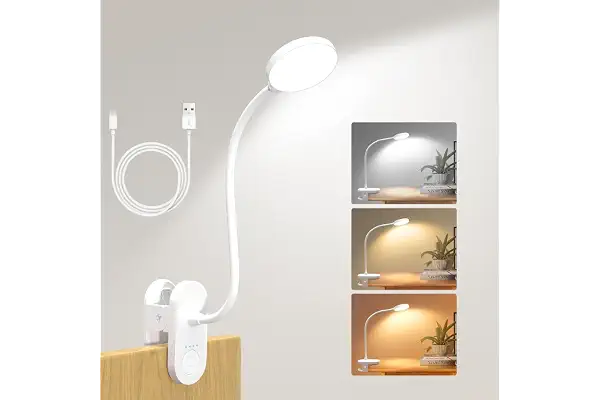 Lámpara de Lectura con Pinza, 61 LED Luz Recargable para Cama Escritorio | 3 Modos y 10 Niveles de Brillo, Puerto USB-C, Cuello Flexible 40cm, Portátil para Cama, Flexo Mesa, Estudio y Camping