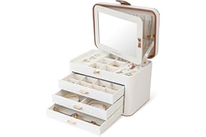 KAMIER Damskie pudełka na biżuterię, 4-warstwowy organizer na biżuterię z lustrem, 3 szuflady, pudełko na biżuterię, prezent na Boże Narodzenie, kolczyki, naszyjniki, bransoletki, pierścionki, białe