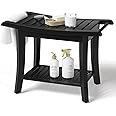 Bamfan Bamboo Shower Bench Inside Shower Stool with Space-Efficient Storage Shelf, Shower Bath Chairs Spa Seats for Bathroom - Great for All Ages Unisex Elderly (Waterproof, Black)