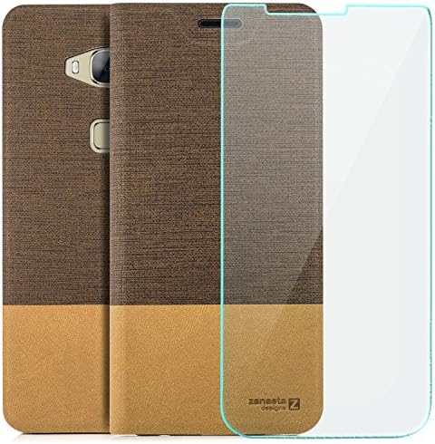 Huawei GX8 (G8) [RIO-L01] Case + Tempered Glass Protector Flip Cover [Zanasta Designs] Premium Phone Wallet Case With Card Holder Slots [Slim Profile], Foldable Stand |Light Brown