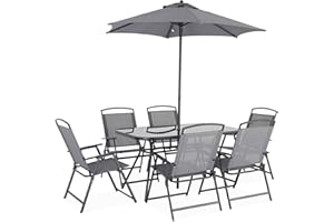 SWEEEK Alice's Garden - Table de Jardin Acier avec Parasol + 6 assises. Anthracite. Structure Acier avec revêtement Anti Rouille