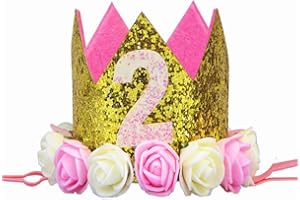 MINGZE Bandeaux Couronne Anniversaire, Bébé Fête Anniversaire Princesse Bandeau de Cheveux Topper Chiffre Fleur Rose Enfants Filles ou Garçons Golden Crown Couronne 1-3 an