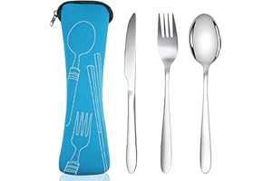 Acehome Cutlery Set with Portable Pouch Case, Stainless Steel Flatware Camping Utensil Set with Neoprene Bag for Outdoor Travel Picnic Office School Lunch Box (3 Pcs Blue)
