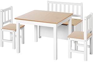 HOMCOM 4-Piece Kids Table and Chair Set with 2 Wooden Chairs, 1 Storage Bench, and Interesting Modern Design, Beige/White