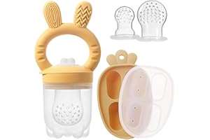 ILEYLUY 2 Packs Silicone Baby Fruit Feeder with Freezer Nibble Tray Combo, Baby Fresh & Frozen Food Feeder Popsicle Molds Includes Extra Food Pouches (Yellow)