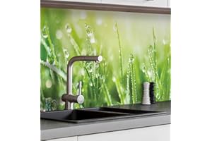 MyMaxxi Küchenrückwand Folie selbstklebend matt Versteift - einfache Montage ohne Bohren - Motiv Wiese 60cm hoch - Spritzschutz Küche Klebefolie - Natur Tau Gräser 340 x 60cm