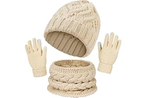 ZETIY Gorro Bufanda Guantes Set para Mujer, Invierno Termicos 3-in-1 Conjunto de Punto Bufanda Gorro Pantalla Táctil Guantes Calentadores para Esquí Deportes al Aire