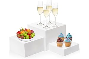 Hacaroa Set von 3 Acryl Cube Riser Hohlboden, Glänzende Weiße Buffet Riser Food Display Stand, 5 Seiten Cupcake Stand Nesting Display Boxen für Schmuck, Sammlerstücke, Figuren, 3 Größen