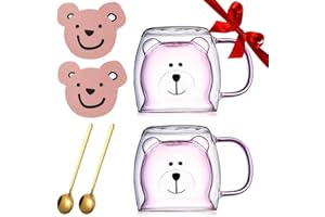 Yuragim Tazze dolci orso tazza da caffè tazza da caffè a doppia parete isolata Kawaii bicchieri da tè con manico+cucchiaio+sottobicchiere, regalo per donne idee di Natale regali di compleanno (2 rosa)