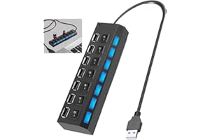 TOALUEA Hub USB 2.0 7 Ports, 500 Mbps Multi Port Hub avec Interrupteurs Individuels, Adaptateur Multiport avec Indicateur LED, Multiplicateur USB pour Ordinateur PC Souris Clavier Disque U
