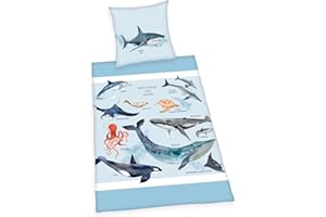 Herding Komplet pościeli z motywem mieszkańców mórz, poszewka na poduszkę 80 x 80 cm, poszwa na kołdrę 135 x 200 cm, z gładkim zamkiem błyskawicznym, 100% bawełna/Renforce, niebieski