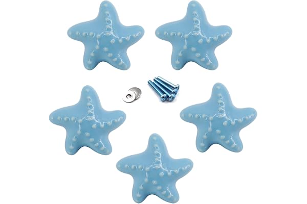 Flomore Blå keramiska lådhandtag och knoppar möbelhandtag dörrknapp för barnrum 5-pack (levereras med skruvar)