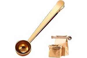 Kisstta Cuillère doseuse à café avec pince de fermeture en acier inoxydable, cuillère à café pour 6 g de poudre de café, longueur : 17,5 cm, avec clip de sac intégré (doré)