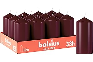Bolsius Candele a colonna lisce – Bordeaux – Confezione da 12 – 12 x 6 cm – Candele decorative per la casa – Durata di combustione 33 ore – non profumate – Contiene cera vegetale naturale – Senza olio