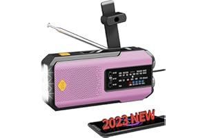 【2023 Version】 iRonsnow Radio d'urgence solaire, Batterie Externe Rechargeable 2000mAh AM/FM Radio à Manivelle, Dynamo Manivelle Portable Radio LED Lampe de Poche pour la Randonnée, Le Camping (Rose)