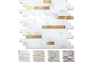 Yipscazo Peel and Stick Wood Metal Tile Backsplash, Stick on Tiles for Backsplash Kitchen, Bathroom, Laundry Room, Camper, Fireplace (12" X 12",10 Sheets in White with Gold)