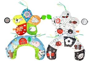 LAT LEE AND TOWN Tummy Time Pillow with Crinkle Mat Teethers Mirror Black and White Smaller Size Newborn Prop Pillow for Comfortable Tummy Time for 0-6 Months Babies Newborn Infant Toddler (Animals-B)
