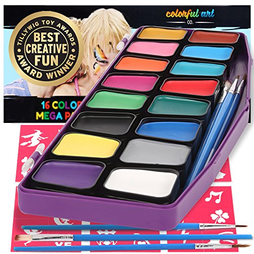 Colorful Art Co Set Pintura facial - Pintura facial infantil premiada - Kit pintura profesional para pieles sensibles - 16 recipientes grandes - 30 plantillas - 3 pinceles - No tóxicos - Base de agua