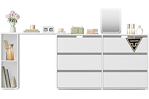 SONGMICS HOME Tavolo da Trucco, Montaggio Rapido Senza Attrezzi Toolless, Cassettiera, Armadio con Scaffale, Affiancati o a Forma di L, per Camera da Letto, Studio, Bianco Neve LTS656W01