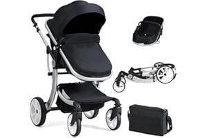 GYMAX Baby Stroller, Foldable Toddler Pushchair with Rain Cover, Mosquito Net, Storage Bag, Adjustable Backrest and Handle, Aluminum Alloy Pram Carriage for 0-3 Years Old Infant Kids (Black)