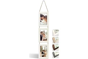 NEOWS Portafotos Múltiple Decorativo para Colgar en Pared - Marcos de Fotos Multiples de Madera Con Cuerda - Collage Portarretratos Colgante - Fotos 10x15 cm (Blanco Rasgado, 3 Fotos Vertical)