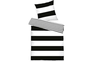 TOM TAILOR Renforce Bed Linen 80 x 80 cm + 135 x 200 cm, 100% Cotton/Renforcé, Reversible Pattern and Branded Zipper, Siena White, Black